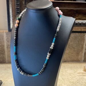 Hand strung Turquoise, Hematite, and natural stone necklace 18 inches